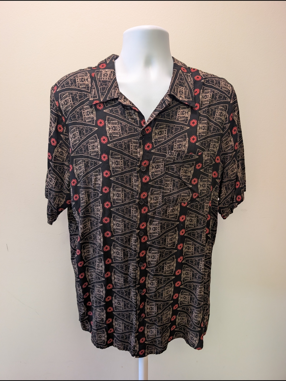 Star Wars Black Button-Down Shirt with Tan Schematics and Red Accents